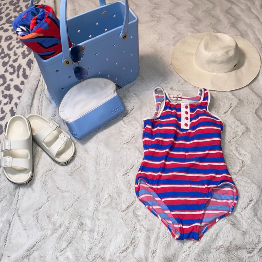 Talbots Retro Striped hi cut pink blue and white one piece Swimsuit NWOT Size 8